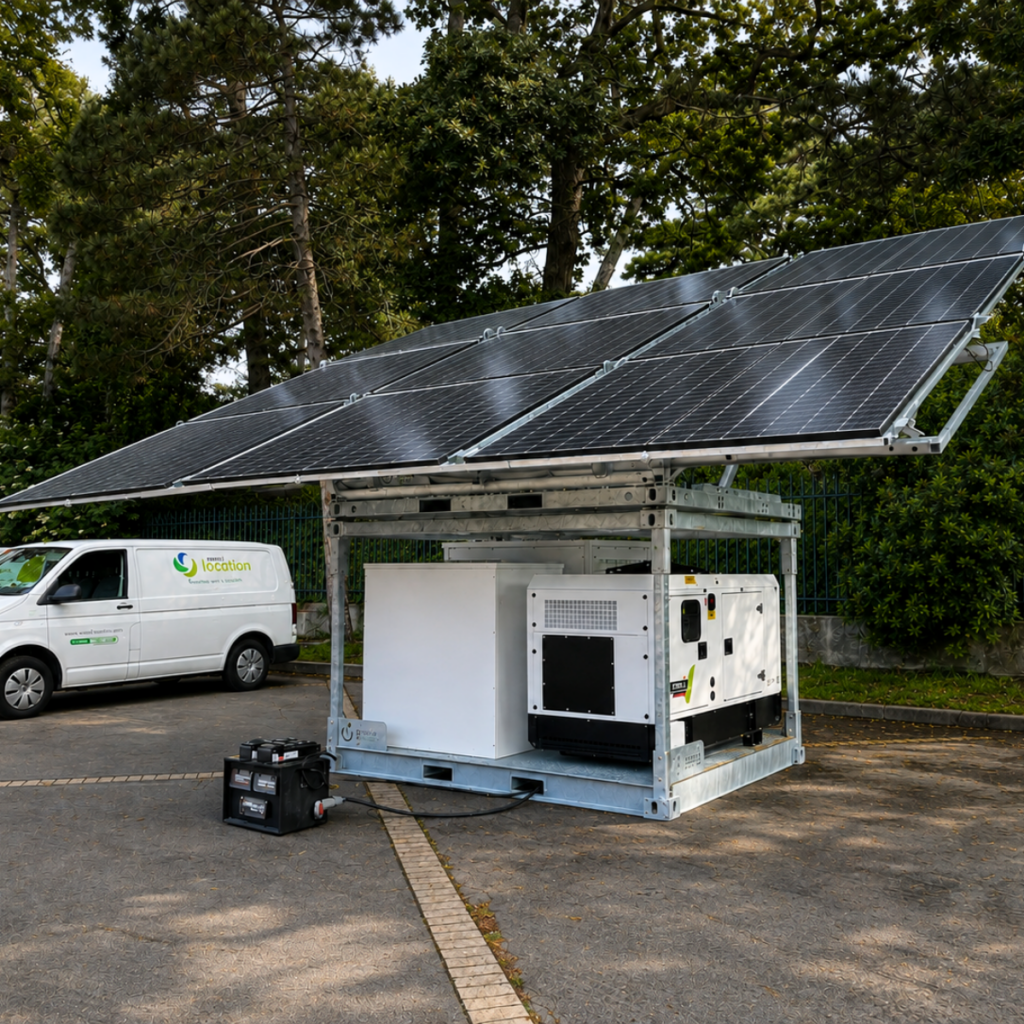 Structure solaire mobile Revolt Energy Green sur skid avec véhicule Revolt Location garé à proximité