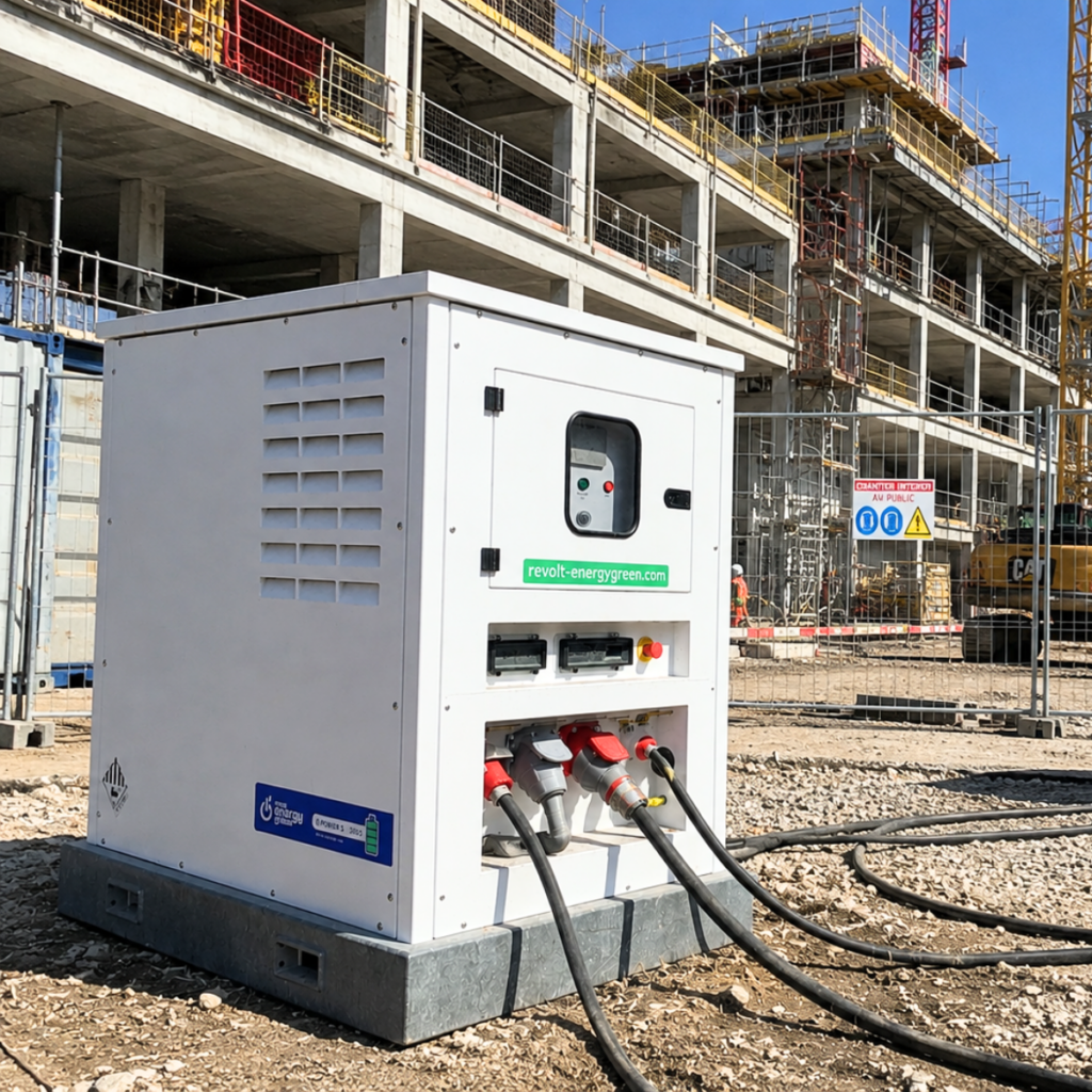 Pack batterie Revolt Energy Green raccordé sur un chantier de construction BTP