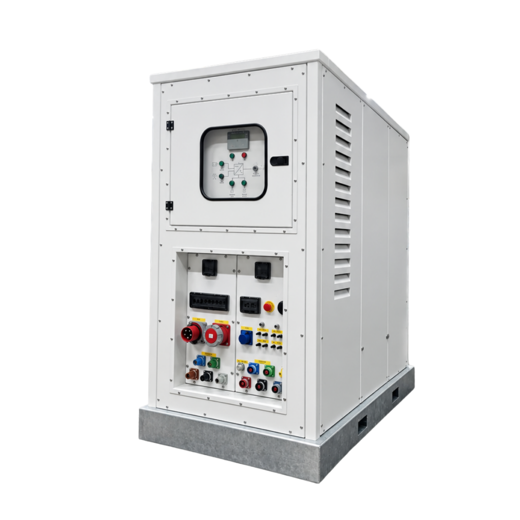 Vue d'ensemble d'un E-Power Revolt Energy Green sur socle galvanisé, avec interface de commande et connectique.